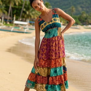 Vestido largo de verano indio azul, sari de seda reciclada, bohemio, hippie, ideal para festivales, tallas 8-12 del Reino Unido.