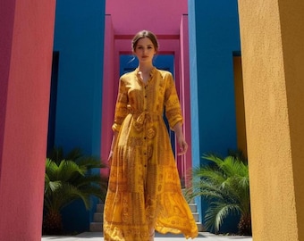 VESTIDO Amarillo Sol, estilo Boho Hippy Festival, largo MAXI UK 12-14 Talla Única