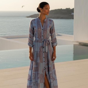 Sky Blue Goddess Maxi Dress, Boho Button Down Festival Style (UK 12-14)