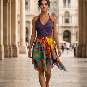 BLAUEs Festival Kleid, Patchwork einstecktuch aus recycelter Sari Seide UK 8-12