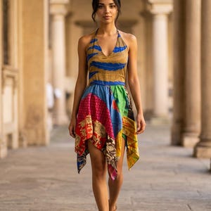 BLAUEs Festival Kleid, Patchwork einstecktuch aus recycelter Sari Seide UK 8-12