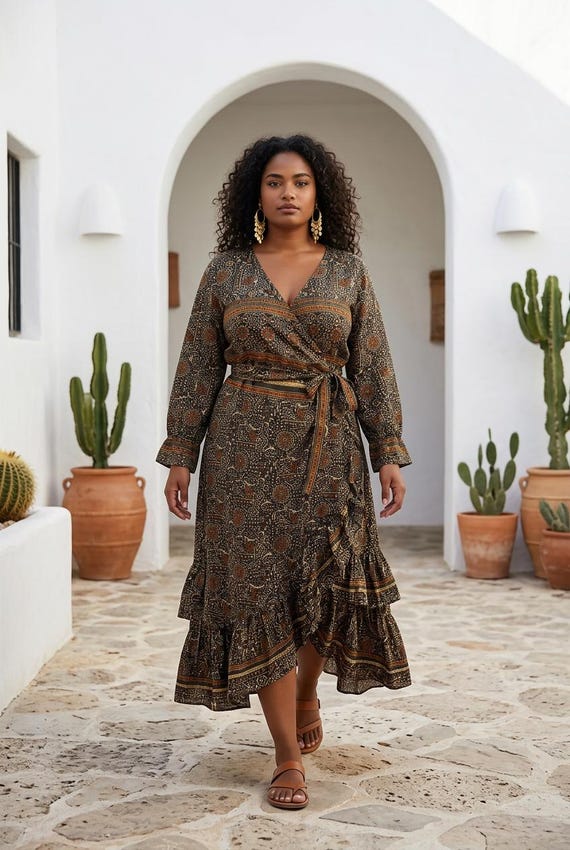 recycled sari silk dress Recycled Sari Silk Wrap Dress, Boho Hippie Flounce Sleeve, UK 14-20