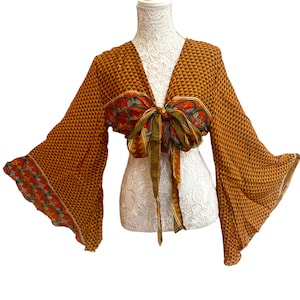 GOLD Wrap Top crop BLOUSE, Kimono Bell sleeve , Stevie Nicks, Boho Hippy Festival style in Vintage Sari Silk summer party UK 8-16
