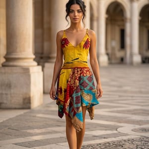 YELLOW Festival Dress, Patchwork hanky hem in recycled Sari Silk UK 8-12
