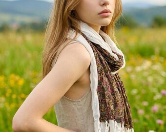 IVORY wrap Scarf, Boho Floral Print, Soft Warm, Lace tassel