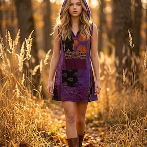 Lila Patchwork Mini Kleid, Boho Tunika mit Kapuze
