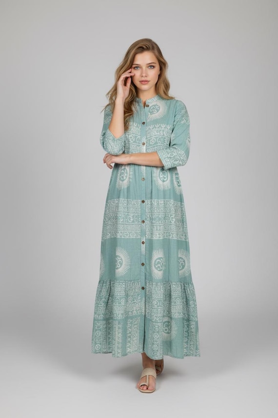 Mint Green Rayon Maxi Dress, Boho Hippie Festival Style, UK 12-14
