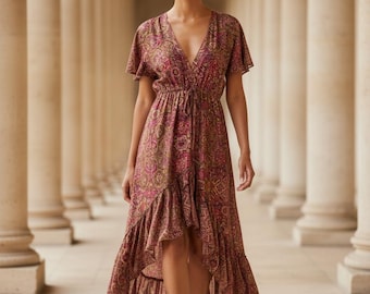 Pink and Gold Silk dress, asymmetric hem, Boho Summer style