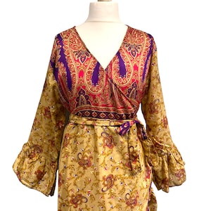 Mandy Long Indian Wrap Dress, vintage Sari Silk with flounced sleeve, Boho Hippy Festival style UK 14-20