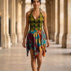 GRÜNES Festival Kleid, Patchwork einsteckig aus recycelter Sari Seide UK 8-12