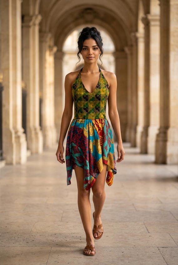 GREEN Festival Dress, Patchwork Hanky Hem in Recycled Sari Silk UK 8-12 -  Etsy Ireland