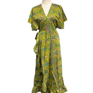 Green SILK Wrap Dress, Boho Hippy Festival party style, summer wedding outfit MAXI one size UK 8-14