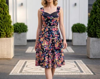 Rockabilly Blumen Swing Kleid, 50er Jahre Retro Party Kleid, UK 10-18