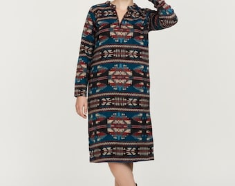 Vestido túnica bohemio verde azulado, kurti largo de lana acrílica, talla 8-16 del Reino Unido
