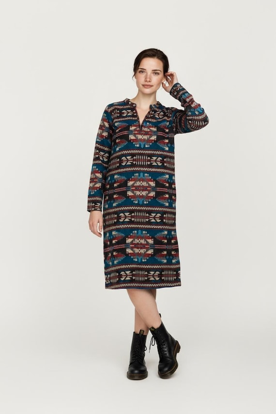 boho tunic dress uk Teal Boho Tunic Dress, Long Woollen Acrylic Kurti, UK 8-16