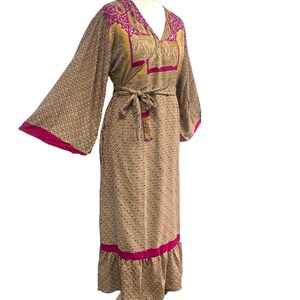 Long Beige Wrap Dress, Boho Hippy Festival style, Recycled Vintage Sari-silk, Retro Stevie Nicks Bell sleeve, One Size UK 14-20