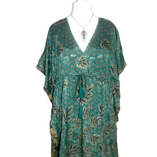 Long length BLUE Indian Sari Silk Tunic, kaftan top, loose fit cover up Dress,  Boho Hippy, Festival style party outfit UK 8 - 18