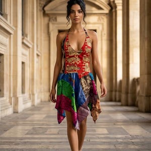 RED Festival Dress, Patchwork hanky hem in recycled Sari Silk UK 8-12