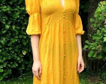 Pretty saffron yellow boho hippy long maxi summer lightweight sun dress uk 8 12
