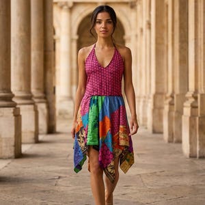 PINK Festival Dress, Patchwork hanky hem in recycled Sari Silk UK 8-12