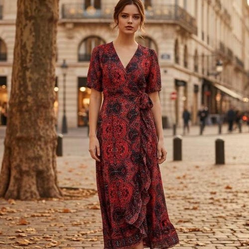 Sienna Red Silk Wrap Dress, Boho Festival Outfit, UK 8-14