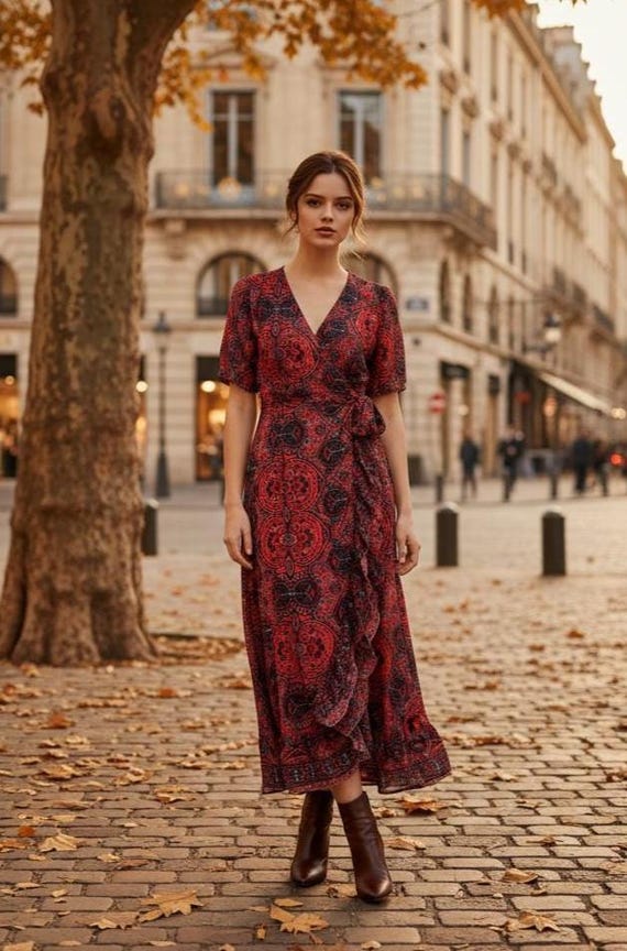 Sienna Red Silk Wrap Dress, Boho Festival Outfit, UK 8-14