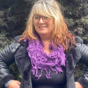 Scarf Purple shaggy wrap, Boho Hippy Goth funky knit present GIFT