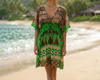 Green Kaftan Tunic DRESS, Summer, beach party cover up, loose fit ONE SIZE 10-20