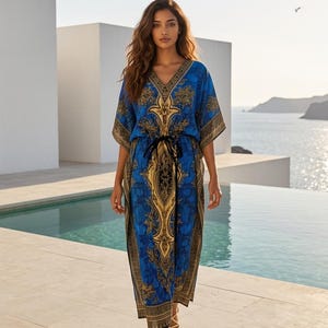 Blue Kaftan Maxi Dress, Boho Beach Cover-up, Lightweight Raylon Robe