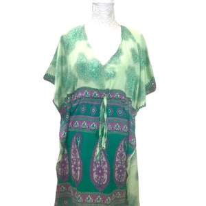 Green Kaftan Tunic DRESS, Summer, beach party cover up, loose fit ONE SIZE 10-20