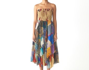Falda vintage de patchwork de seda sari, estilo bohemio para festivales, tallas 8-16 del Reino Unido