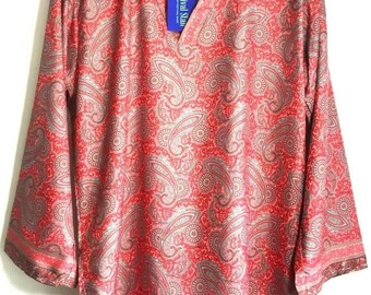 V-neck tunic long sleeve  festival boho hippie retro ethnic print pink beige