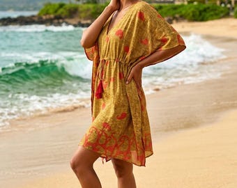 Recycled Sari Silk Kaftan Tunic Dress, Loose Fit Beach Cover Up