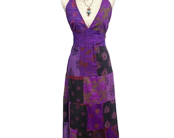 Long PURPLE patchwork Dress, Boho hippy Festival Princess party Outfit style, summer sun beach UK 8-18 US 4-22