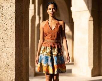 BROWN Crop Top & Mini Skirt outfit, Pretty Boho Hippy Sari Silk, vest One Size