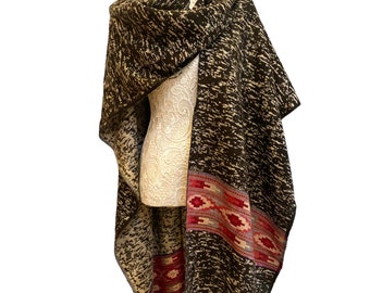 Black Boho Poncho Cape, Acrylic Winter Shawl, Indian Print