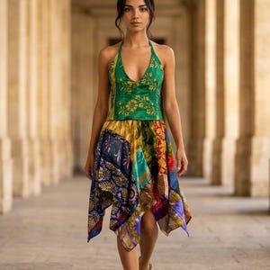 VERT Robe de festival, patchwork à l'ourlet en soie sari recyclée Royaume-Uni 8-12