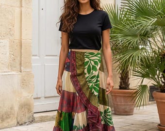 Falda cruzada de seda sari, roja y verde, estilo bohemio hippie con volantes