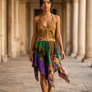 GOLD Festival Kleid, Patchwork Einstecktuch aus recycelter Sari Seide UK 8-12