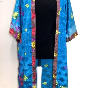 Blue kimono dress robe cover up boho hippy festival silk beach summer  uk 6-12