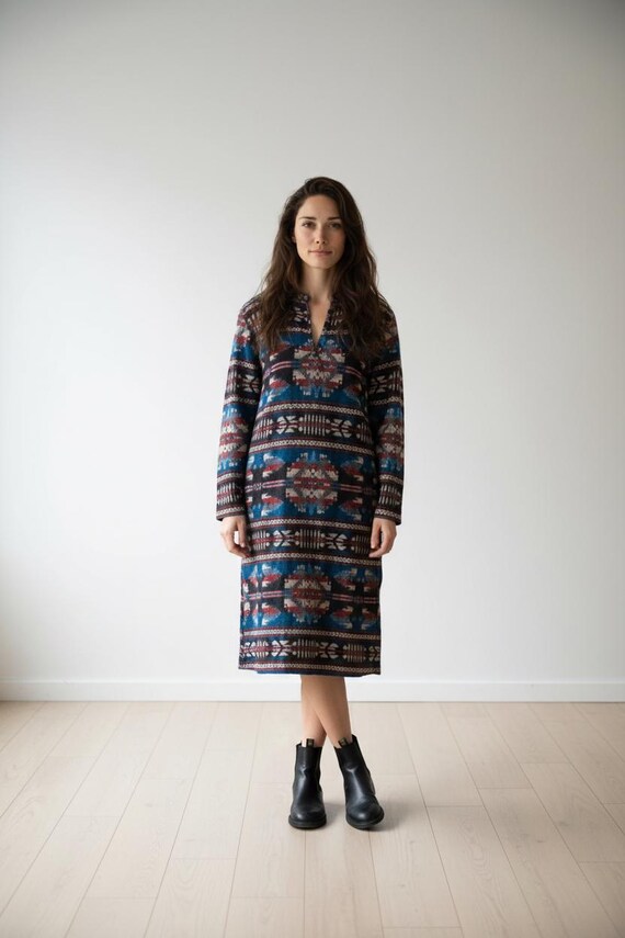boho tunic dress uk Teal Boho Tunic Dress, Long Woollen Acrylic Kurti, UK 8-16