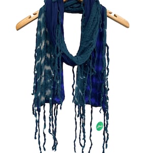 Blue Scarf Wrap, Boho Hippy style, STUNNING Electric & Petrol Blue, tye dye tassel fringed 100% cotton GIFT