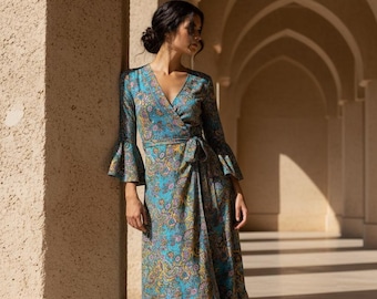 Silk Boho Wrap Dress, Turquoise Paisley Maxi with Bell Sleeves