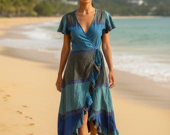 Blue Cotton Wrap Dress, Flounce Hem, Boho Festival Style, UK 8-14