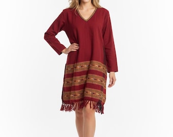 Boho Burgundy RED Tassel Tunic, Festival Sweater, Embroidery Detail top