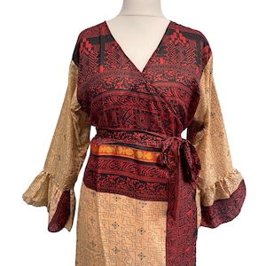 Vestido longo indiano Maise, Sari de seda vintage com manga com babados, estilo Boho Hippy Festival Reino Unido 14-20