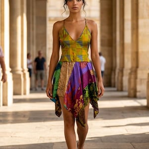YELLOW Festival Dress, Patchwork hanky hem in recycled Sari Silk UK 8-12