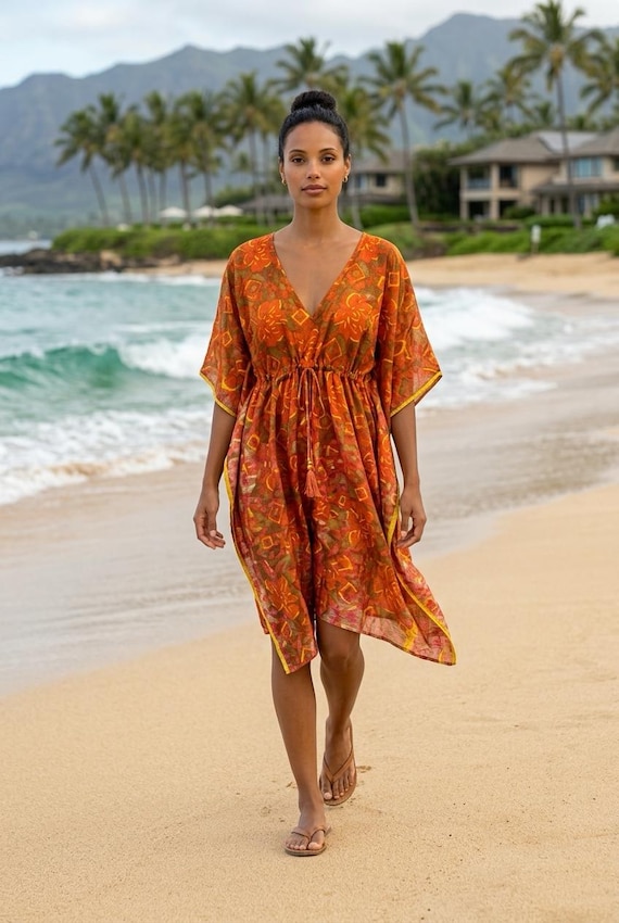 Silky RED Kaftan TUNIC Dress, Summer Beach Cover Up, Party Dress, One Size  UK 8-18