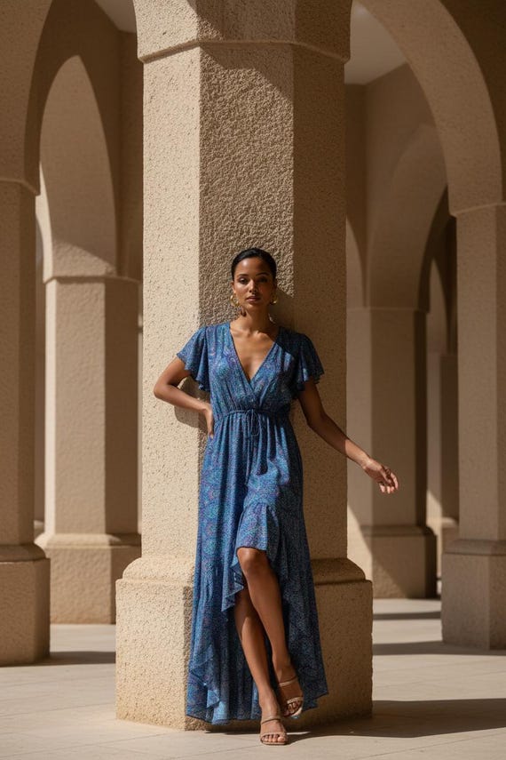 electric blue summer dress Electric Blue Silk Maxi Dress, Boho Asymmetric summer style