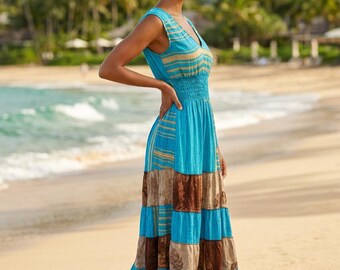 BLUE Indian Long Summer Dress, Recycled sari-silk, Boho, Hippy, Festival party outfit UK 8-12